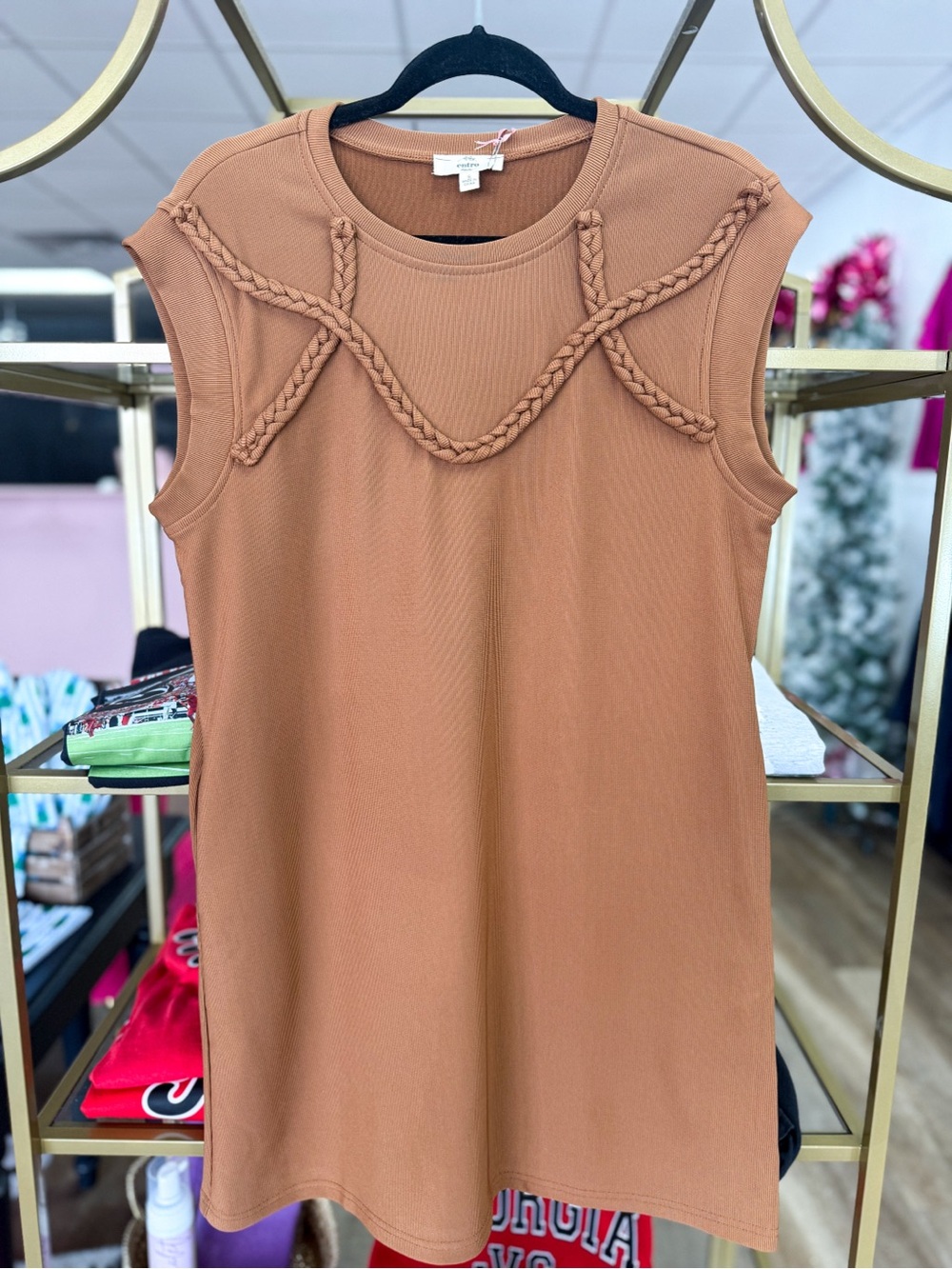 entro Braided-Trim Sleeveless Dress - Camel/Tan